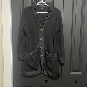 Elena Wang Black Ruffled Satin-Trim Blazer